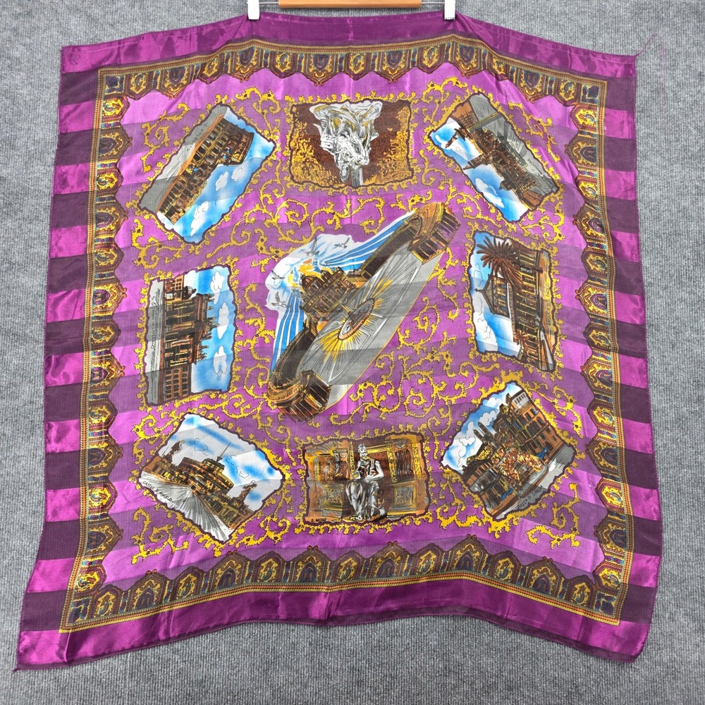 Vintage Rome Italy Souvenir Square Scarf Purple Gold Landmark Print 36x36